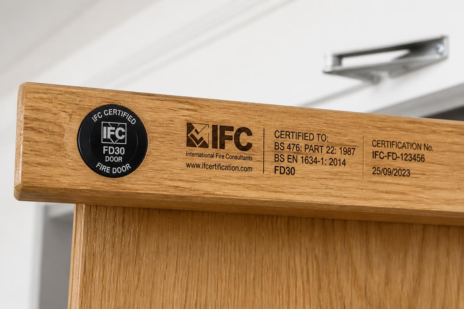 A fire door certification label on the top edge of a timber fire door