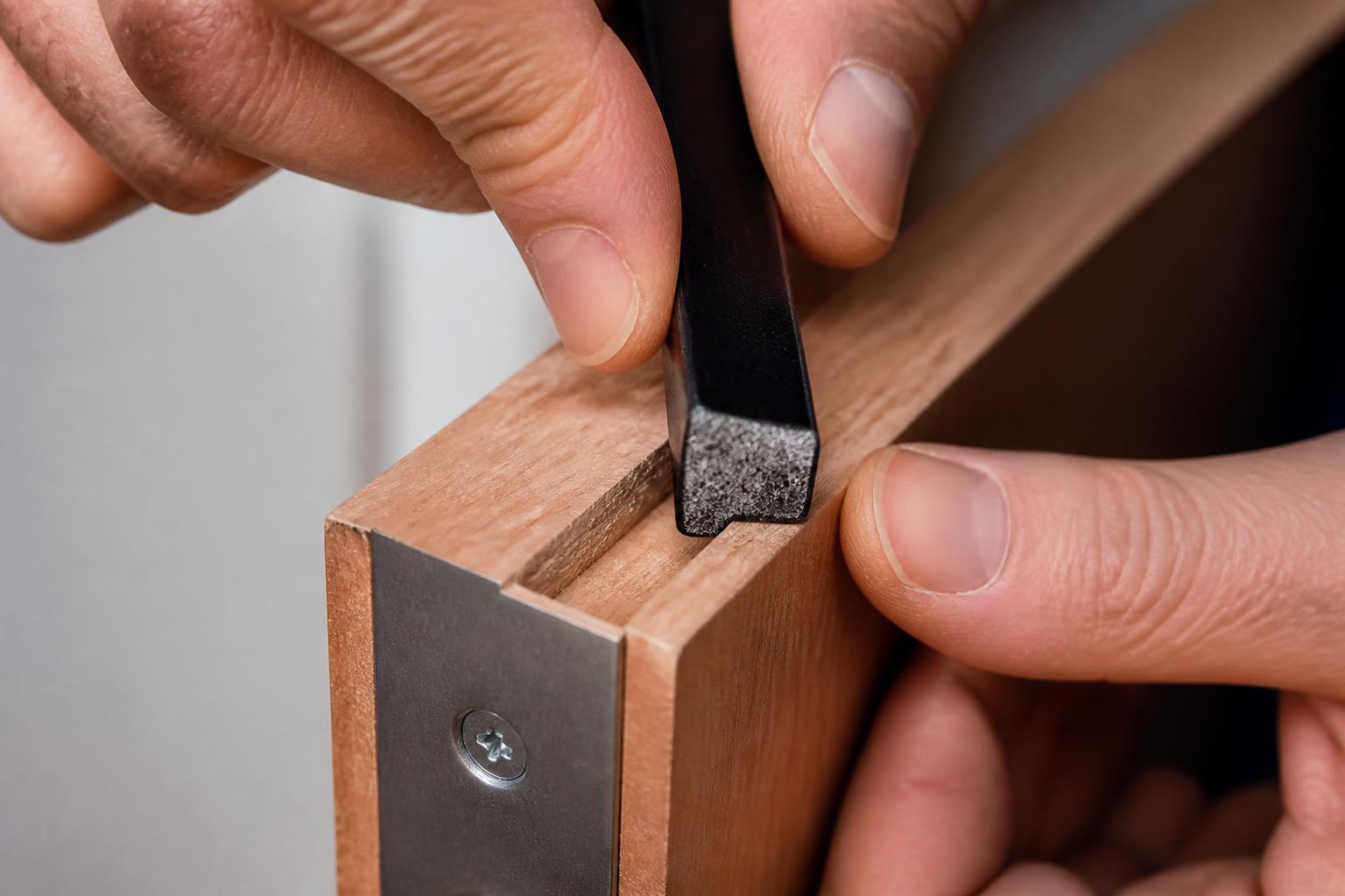 An intumescent fire seal being fitted into the edge of a timber fire door