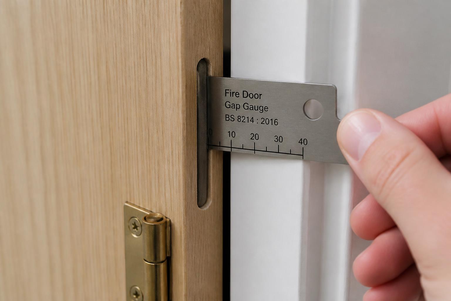 A fire door gap being measured with a calibrated gap gauge